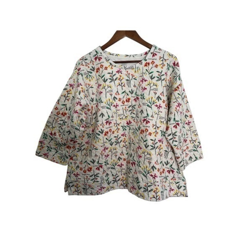 Lands End Floral Quilted Popover Top 3/4 Sleeves Botanical Cottagecore 1X Artsy